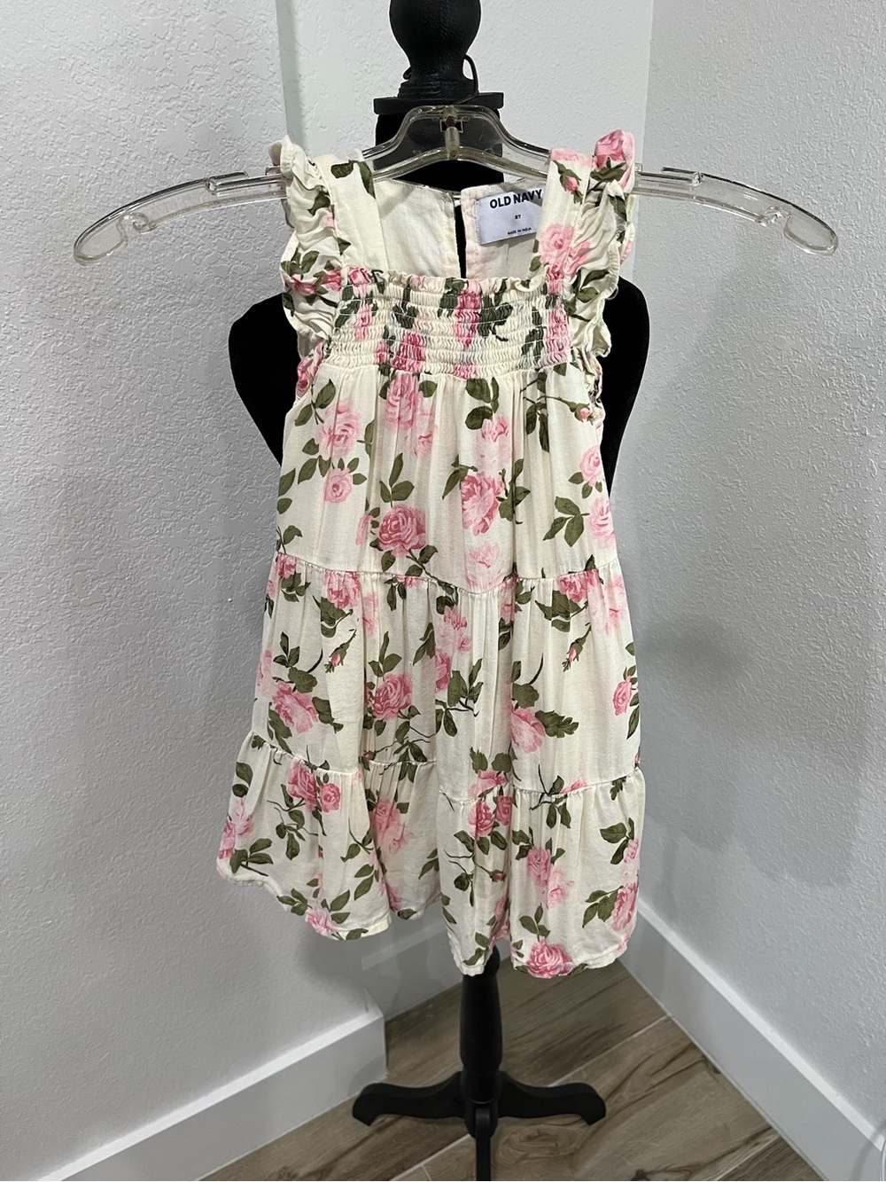 Old Navy Cream Dress with Pink Floral & Green Leaves